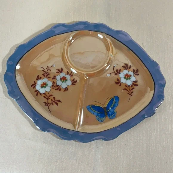 1950’s Japanese Lustreware Set, Sugar Bowl Creamer, 2 Divided Plates, 2 Tea Cups